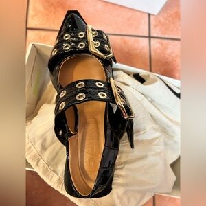 Ganni Black Patent Buckle Mules
